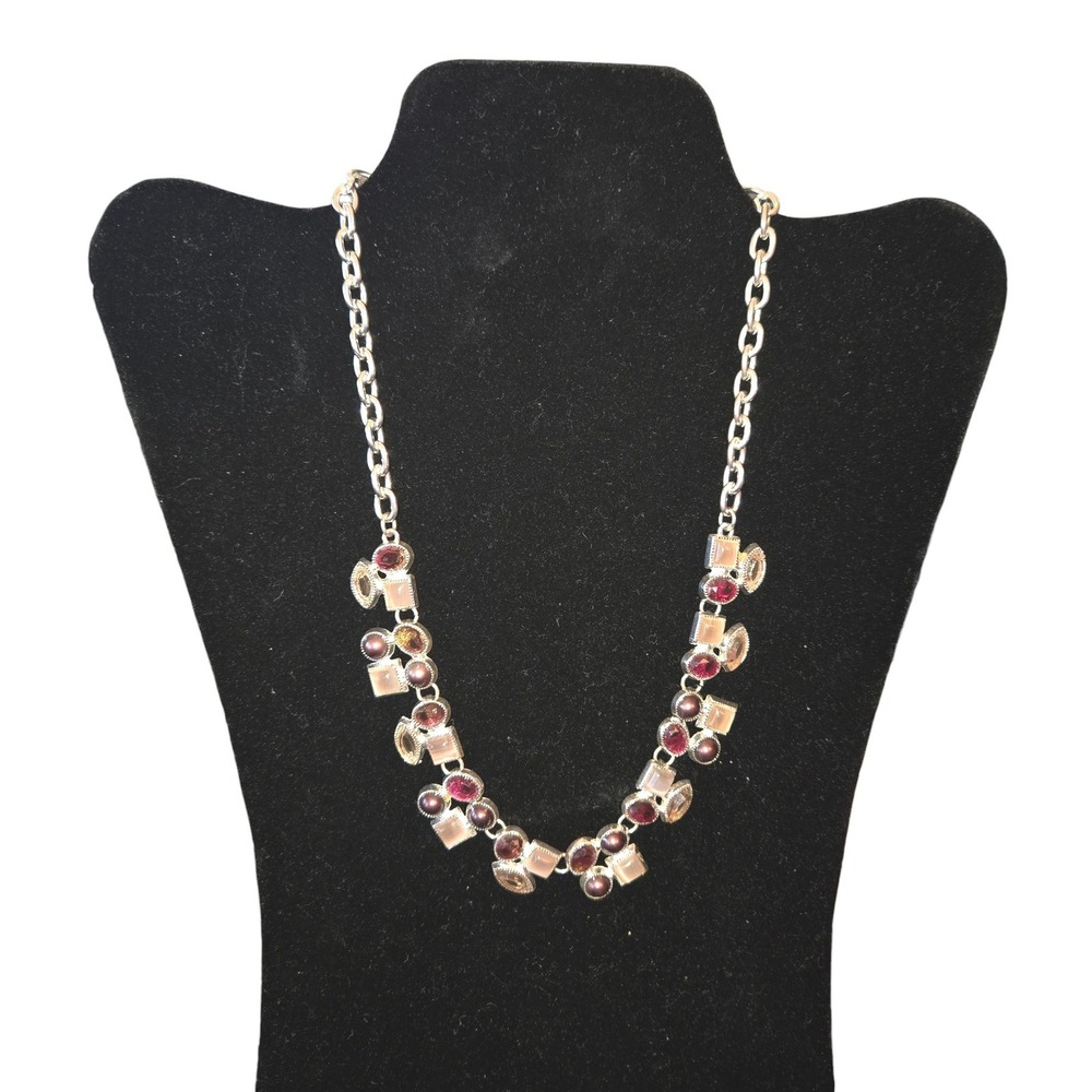 Etienne Aigner NWT Silver Tone Multi Stone Geometric 18" Necklace Burgundy Pink
